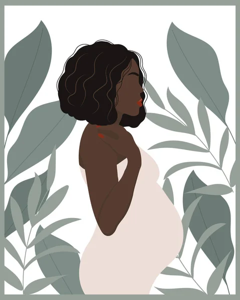 Εικονογράφηση Μια Όμορφη Έγκυος Γυναίκα Λευκό Φόρεμα Φόντο Τροπικών Φύλλων — Διανυσματικό Αρχείο