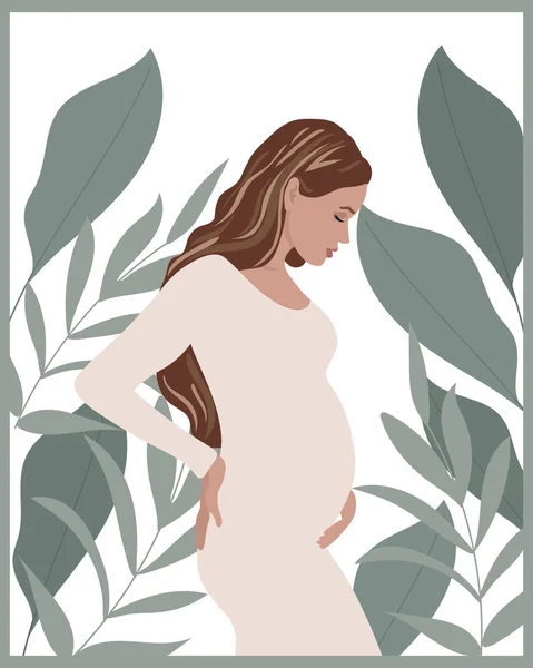 Illustration Beautiful Pregnant Woman White Dress Background Tropical Leaves Concept — Stock Vector