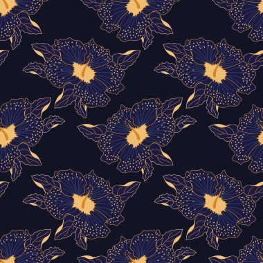 Kusursuz bir desen, mavi çiçekler ve mavi arka planda altın çizgili yapraklar. Yazdırma, tekstil, duvar kağıdı, pastel keten için dekor