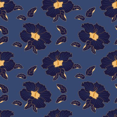 Kusursuz bir desen, mavi çiçekler ve mavi arka planda altın çizgili yapraklar. Yazdırma, tekstil, duvar kağıdı, pastel keten için dekor