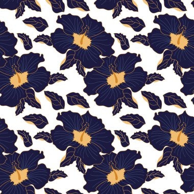 Kusursuz desenli, beyaz arkaplanda altın çizgili mavi çiçekler çizilmiş. Yazdırma, tekstil, duvar kağıdı, pastel keten için dekor