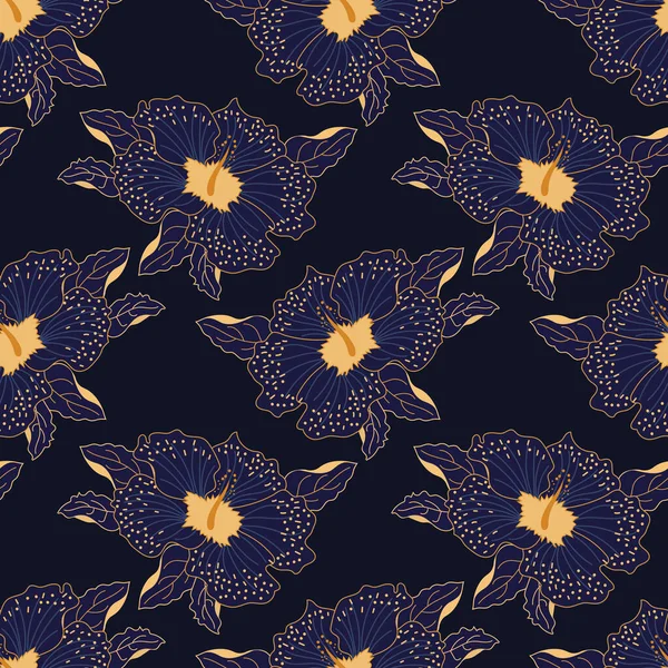 Kusursuz bir desen, mavi çiçekler ve mavi arka planda altın çizgili yapraklar. Yazdırma, tekstil, duvar kağıdı, pastel keten için dekor