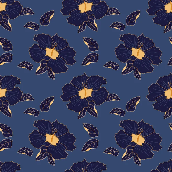 Kusursuz bir desen, mavi çiçekler ve mavi arka planda altın çizgili yapraklar. Yazdırma, tekstil, duvar kağıdı, pastel keten için dekor