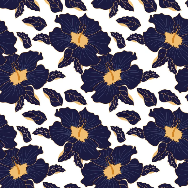 Kusursuz desenli, beyaz arkaplanda altın çizgili mavi çiçekler çizilmiş. Yazdırma, tekstil, duvar kağıdı, pastel keten için dekor