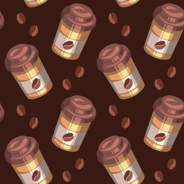 Kusursuz desenli, kahverengi arka planda kahve ve kahve çekirdekli plastik bardaklar. Yazdır, tekstil, duvar kağıdı, dekor