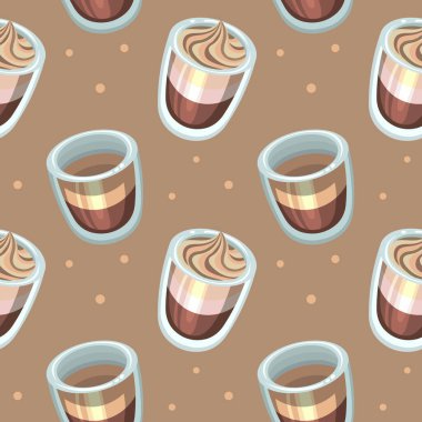Kusursuz desenli, bej arka planda kahve ve milkshake ile cam bardaklar. Yazdır, tekstil, duvar kağıdı, dekor