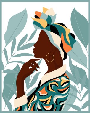 Tropikal yaprakların arka planında renkli ulusal başlıklı Afrikalı kadın. Resim, poster, duvar sanatı, vektör