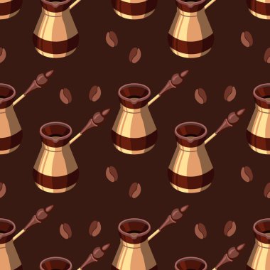 Kusursuz bir desen, Türk kahvesi Türkleri ve kahverengi arka planda kahve çekirdekleri. Yazdır, tekstil, duvar kağıdı, dekor