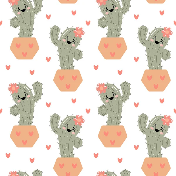 Seamless Pattern Drawn Cute Funny Cacti Joyful Emotions Doodle Style — стоковый вектор