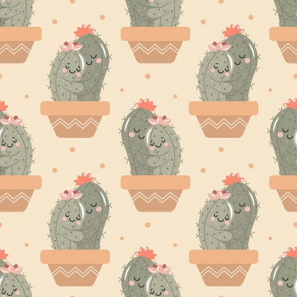 Seamless Pattern Drawn Cute Cacti Love Emotions Doodle Style Beige — Stockvector