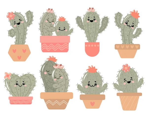 Set Drawn Cute Cacti Pots Emotions Doodle Style Children Illustration — Stockvector