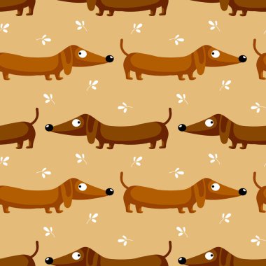 Kusursuz desenli, sevimli dachshund köpekleri ve kahverengi arka planda yapraklar. Mutlu konsept, renkli arkaplan, baskı, tekstil