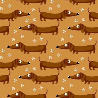 Kusursuz desenli, sevimli dachshund köpekleri ve kahverengi arka planda yapraklar. Mutlu konsept, renkli arkaplan, baskı, tekstil