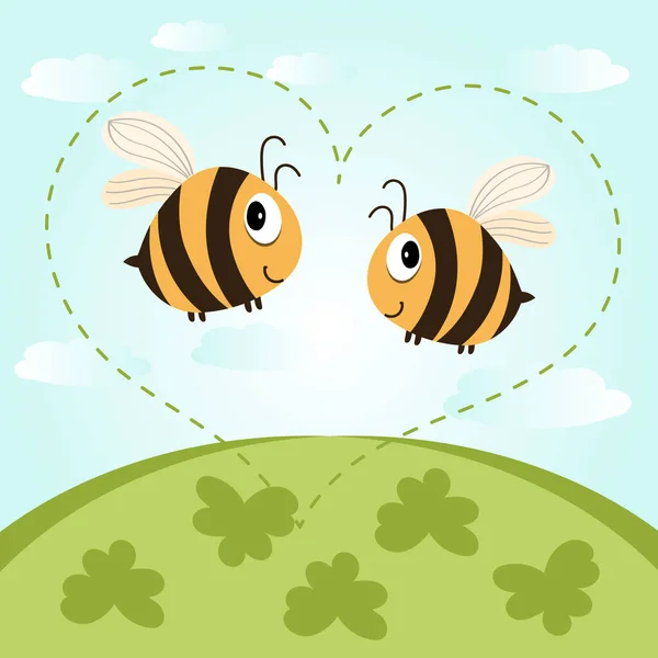 Illustration Cute Funny Bees Dotted Heart Background Summer Landscape Happy —  Vetores de Stock