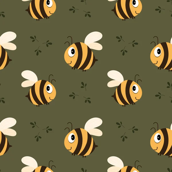 Seamless Pattern Cute Funny Bees Green Summer Background Leaves Happy — 스톡 벡터