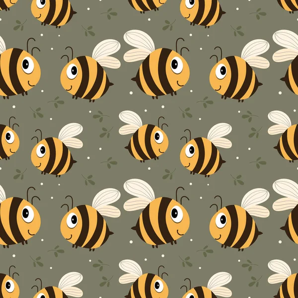 Seamless Pattern Cute Funny Bees Green Summer Background Leaves Happy — 스톡 벡터