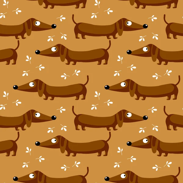 Kusursuz desenli, sevimli dachshund köpekleri ve kahverengi arka planda yapraklar. Mutlu konsept, renkli arkaplan, baskı, tekstil