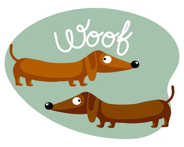Childish Illustration Cute Dachshund Dogs English Text Woof Happy Concept — Stockvektor