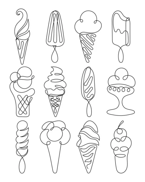 Set Different Types Ice Cream Black Outline Line Art Food — Vettoriale Stock