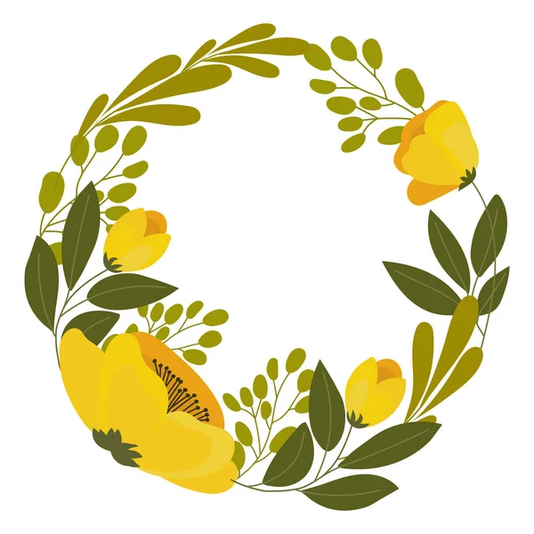 黄色罂粟花和枝条的圆形花环 叶在白色的背景上 印刷品 明信片 邀请函 — 图库矢量图片