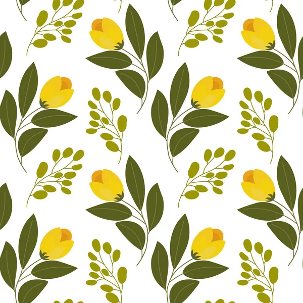 Бесшовный Узор Желтые Цветы Тюльпаны Ветви Листьями Белом Фоне Печать — стоковый вектор
