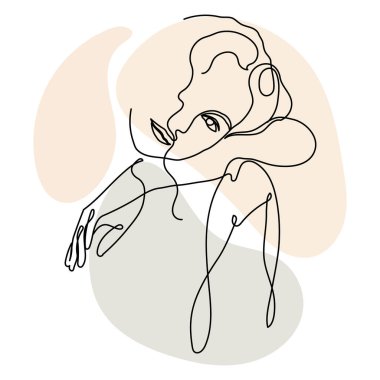 Çizgi sanatı, kıvırcık saçlı bir kadın yüzü, soyut noktaların eklendiği siyah bir çizgi. Resim, duvar sanatı, poster