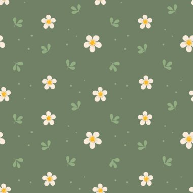 Kusursuz desenler, küçük şirin beyaz papatyalar ve yeşil arka planda yapraklar. Yazdır, tekstil, duvar kağıdı, yatak odası ve mutfak dekoru