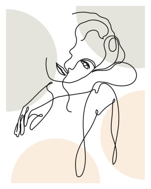 Çizgi sanatı, kıvırcık saçlı kadın yüzü, soyut lekeli siyah çizgi. Resim, duvar sanatı, poster