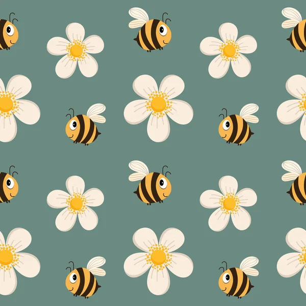 Seamless Pattern Cute Funny Beesand White Daisies Green Background Print — 스톡 벡터