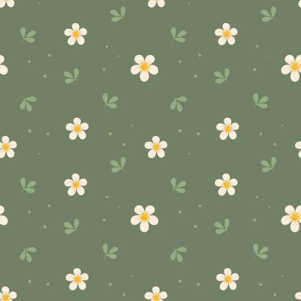 Seamless Pattern Cute Little White Daisies Leaves Green Background Print —  Vetores de Stock