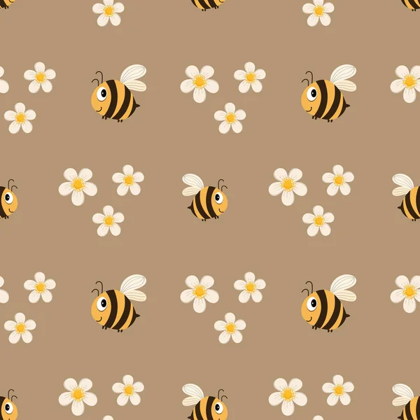 Seamless Pattern Cute Funny Beesand White Daisies Beige Background Print — 스톡 벡터