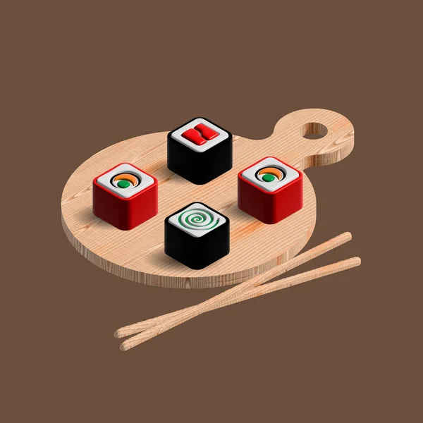 Ilustración Comida Japonesa Sushi Una Tabla Madera Con Palillos Madera — Vector de stock
