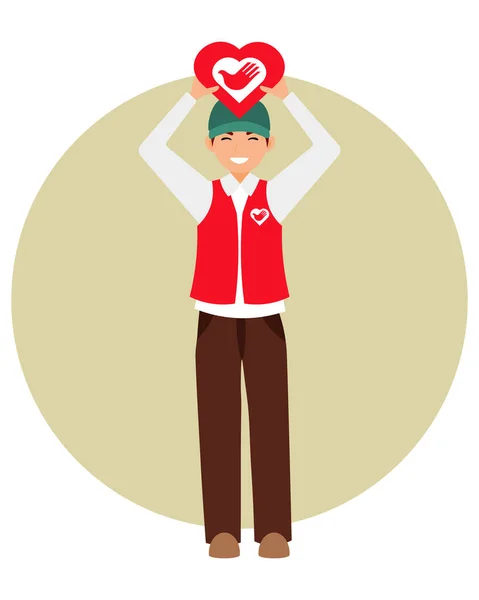 一个身穿红色背心的年轻男性志愿者 手里拿着一颗心 人道主义援助的概念 剪贴画 — 图库矢量图片