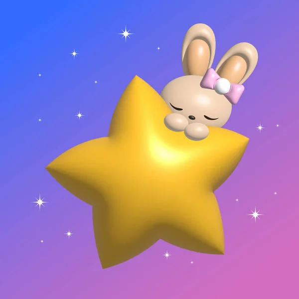 Illustration Cute Sleeping Bunny Yellow Star Background Starry Sky Colorful — Vector de stock