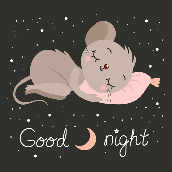 Children Illustration Cute Mouse Sleeping Pink Pad Text Good Night — Stockvektor