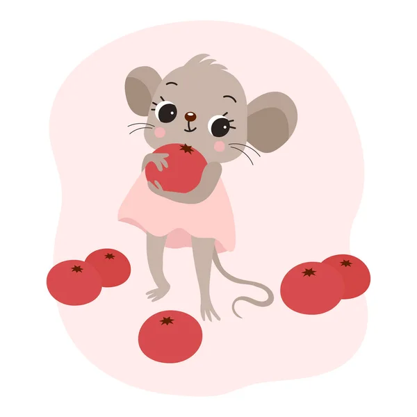 孩子们的插图 可爱的小老鼠穿着粉色衣服 红色浆果 卡通人物 印刷品 明信片 剪贴画 — 图库矢量图片