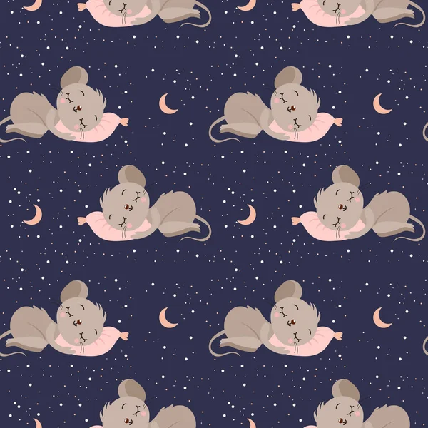 Seamless Pattern Cute Sleeping Mice Night Sky Background Moon Stars — Vetor de Stock