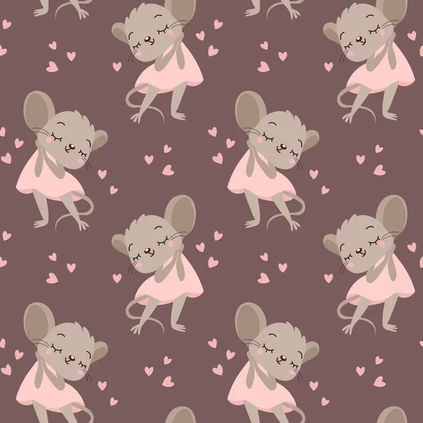 Seamless Pattern Cute Enamored Mouse Girls Pink Dress Hearts Gentle — стоковый вектор