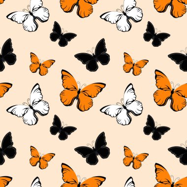 Kusursuz bir desen, beyaz, bej ve siyah kelebekler. Yazdırma, tekstil, yatak odası dekorasyonu, duvar kağıdı