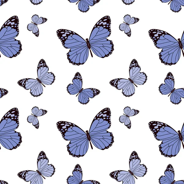 Seamless Pattern Drawn Blue Black Contour Butterflies White Background Print — Vector de stock