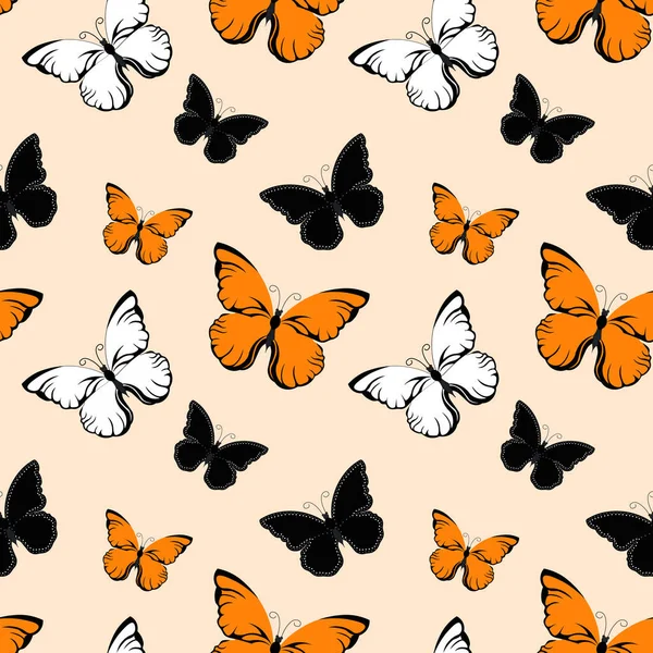Nahtloses Muster Lackierte Weiße Beige Und Schwarze Schmetterlinge Auf Hellem — Stockvektor