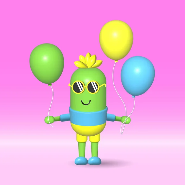 Illustration Cute Smiling Cactus Sunglasses Colorful Balloons Cartoon Character Children — стоковый вектор