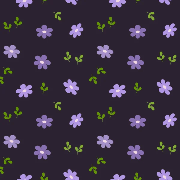 Seamless Pattern Small Lilac Flowers Green Leaves Purple Background Print —  Vetores de Stock