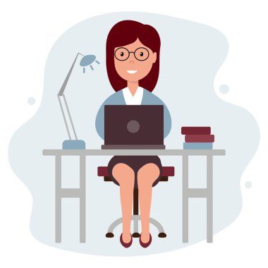 Illustration, a female office worker with a laptop sits at a table. Clip art, cartoon flat illustration