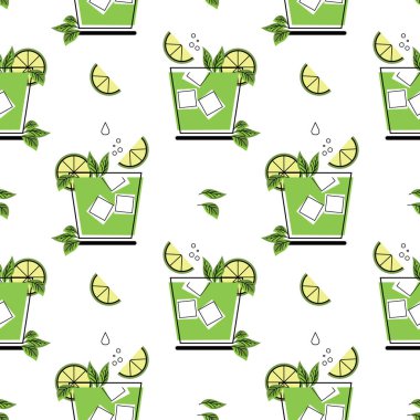 Kusursuz şablon, ferahlatıcı yaz mojito kokteylleri limonlu, nane yapraklı ve buzlu bardakta. Yazdır, tekstil, mutfak tasarımı, kapak