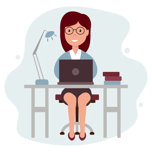 Illustration Female Office Worker Laptop Sits Table Clip Art Cartoon — Archivo Imágenes Vectoriales