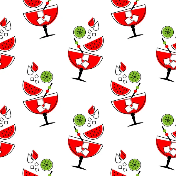 Seamless Pattern Summer Refreshing Cocktails Watermelon Lime Ice Glass Print — Stockvektor