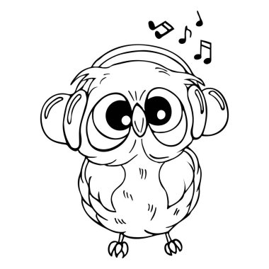 Resimli el, müzik dinlerken kulaklık takan sevimli bir baykuş çizmiş. Çizim, karikatür çizimi, boyama kitabı tasarımı