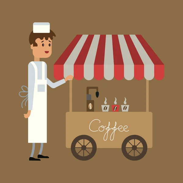 Иллюстрация Уличный Продавец Кофе Фартуке Магазинная Тележка Кофе Карикатура Клип — стоковый вектор