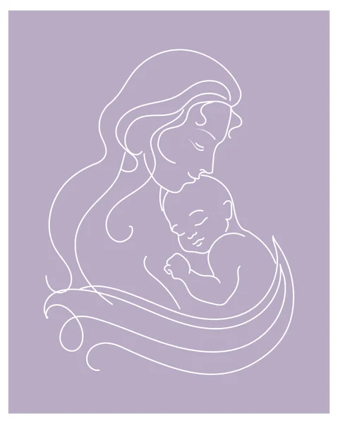 Line Art Portrait Woman Child Mother Her Son White Line — Stockvektor